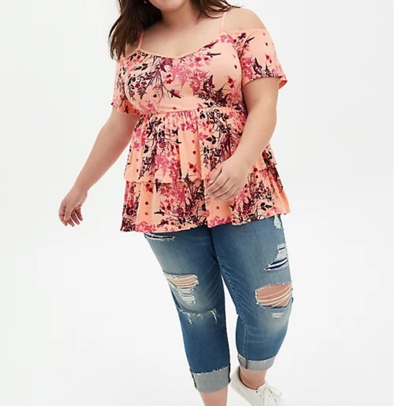 Super Soft Peach Floral Cold Shoulder Babydoll Top - Picture 2 of 7